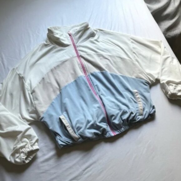 THE UPSIDE tan cream blue colorblock boxy knit mock neck zip up sweater - Picture 1 of 8